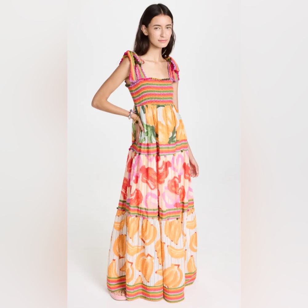 NWT House of Harlow 1969 Tiered Smocked Fruit Maxi Dress